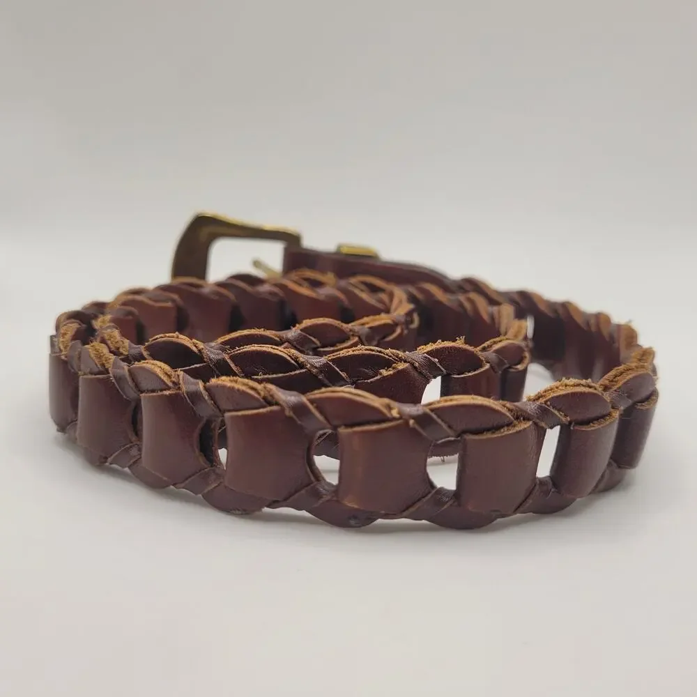 Brown Leather Belt Womens Large Braided Woven Brass Buckle Boho Hippie Western